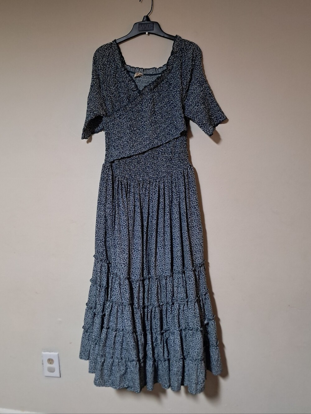 Orange Creek Ditsy Floral Smocked Bodice Wrap Tiered Flare Maxi Dress Sz. L